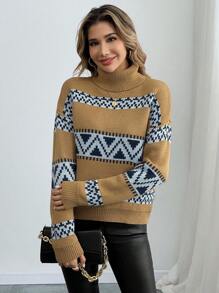 SHEIN LUNE Women High Neck Fashionable Jacquard Versatile Pullover Knit Sweater, Autumn/Winter Knit Pullover Fall Outfit