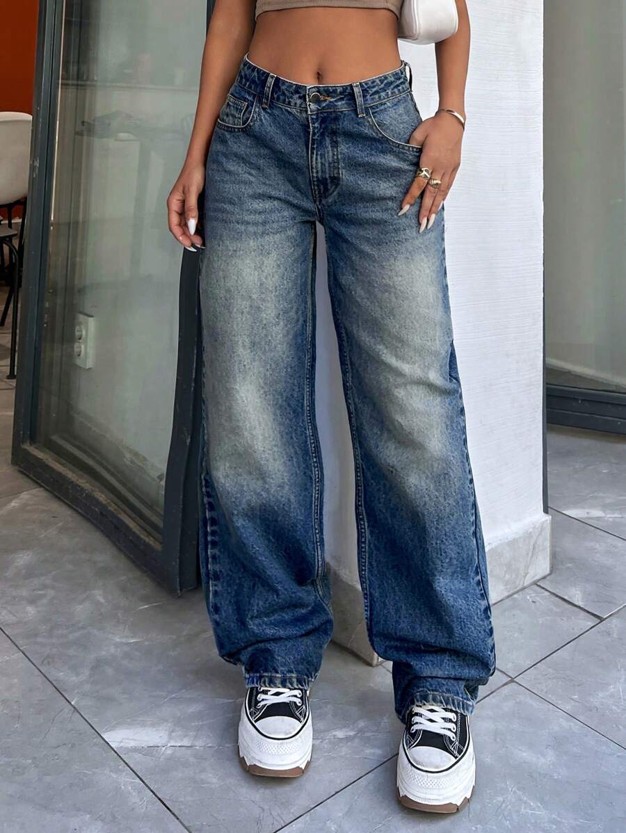 EURMUSE 100% Baumwolle einfarbige hohe Taille Vintage Waschung Gerade Jeans - Mittele Waschung - Übersicht 1