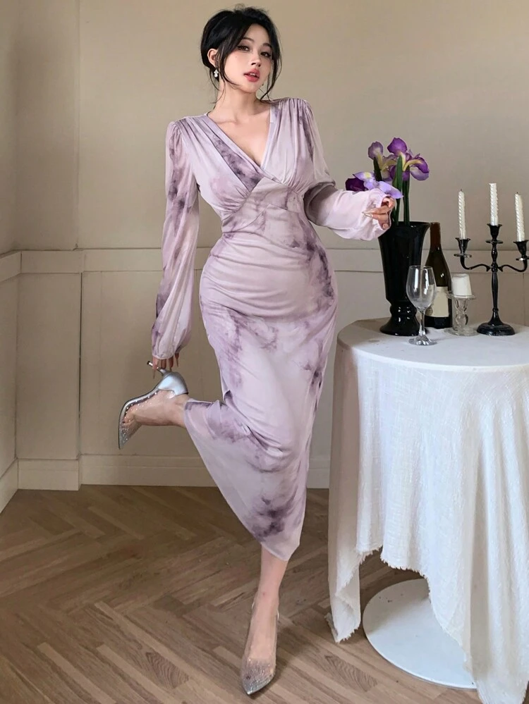 Women's Elegant Mid-Length Party Dress, Spring/Fall Long Sleeve Dress