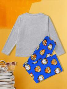GARFIELD X SHEIN 2pcs Tween Boy Cartoon Cat Print Round Neck Long Sleeve T-Shirt And Pants Pajama Set, Suitable For Autumn/Winter