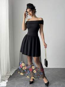 Chiquease Vestido para mujer de tela de malla con patrón bordado