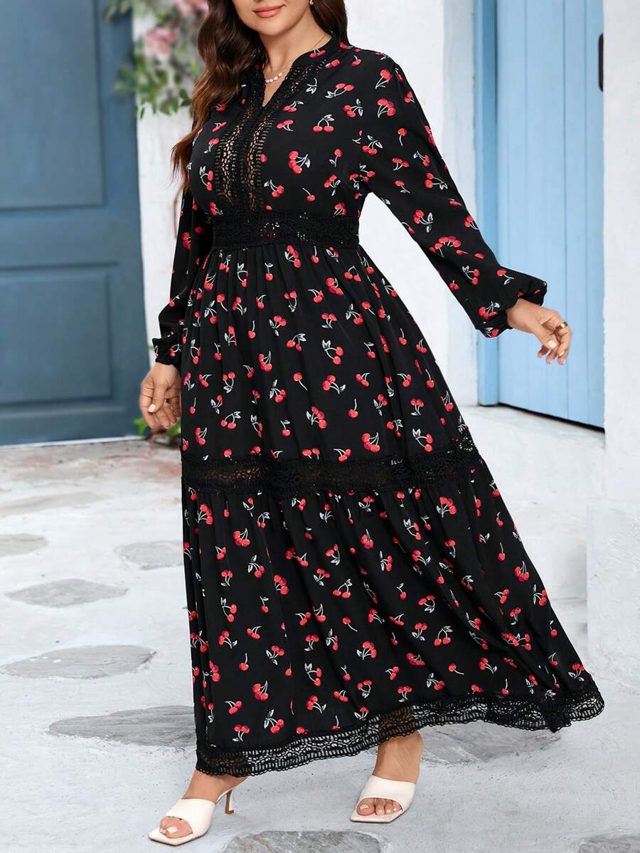 SHEIN VCAY 大码黑色底樱花印花 V 领蕾丝拼接长袖连衣裙，情人节浪漫度假连衣裙 - 黑色 - 查看 1