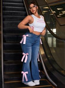 SHEIN ICON 大码 Y2K 街头风格蝴蝶结带弹力喇叭牛仔裤 - 中等水洗藍 - 查看 5