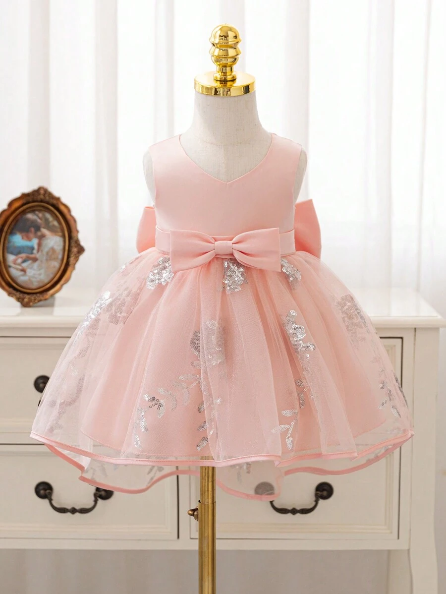 Glamorique Kids 女婴圣诞派对礼服蓝色亮片网眼尾巴公主裙配大蝴蝶结缎面蓬松裙,适合生日、婚礼派对和庆典 - 粉色 - 查看 1