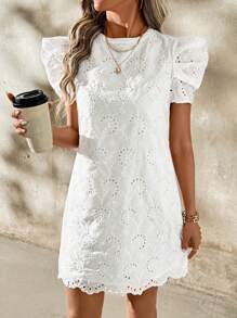 SHEIN Clasi Vestido mini elegante blanco con mangas abullonadas para mujer talla grande, con bordado jacquard y escote calado en forma de lágrima, adecuado para uso diario en primavera y verano. Vestido fluyente y hermoso para mujeres en verano, vestidos de primavera para mujeres, vestido elegante para mujer, ropa de verano para el trabajo - Blanco - Ver 7