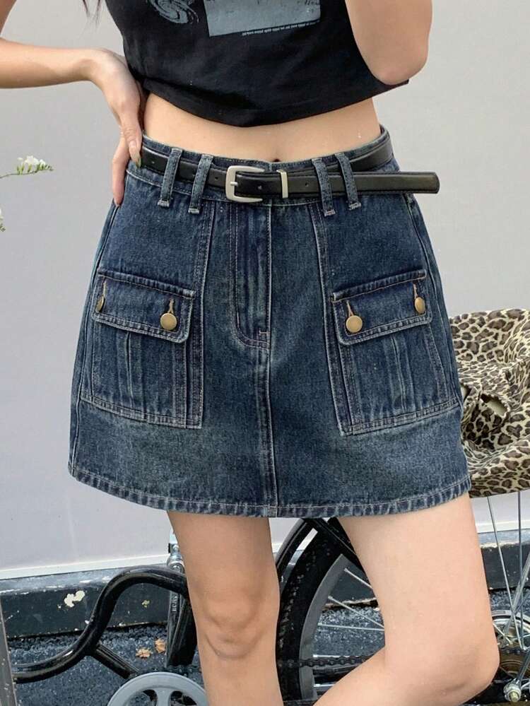 Women's Denim Cargo Pockets Short Casual Skirt Jeans Skirt