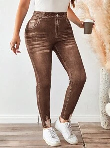 SHEIN LUNE Plus Size Denim Effect Print High Elasticity Leggings New Years Women Outfit Birthday Outfits For Women Fall Women Clothes Winter Valentine's Day Business Casual Woman