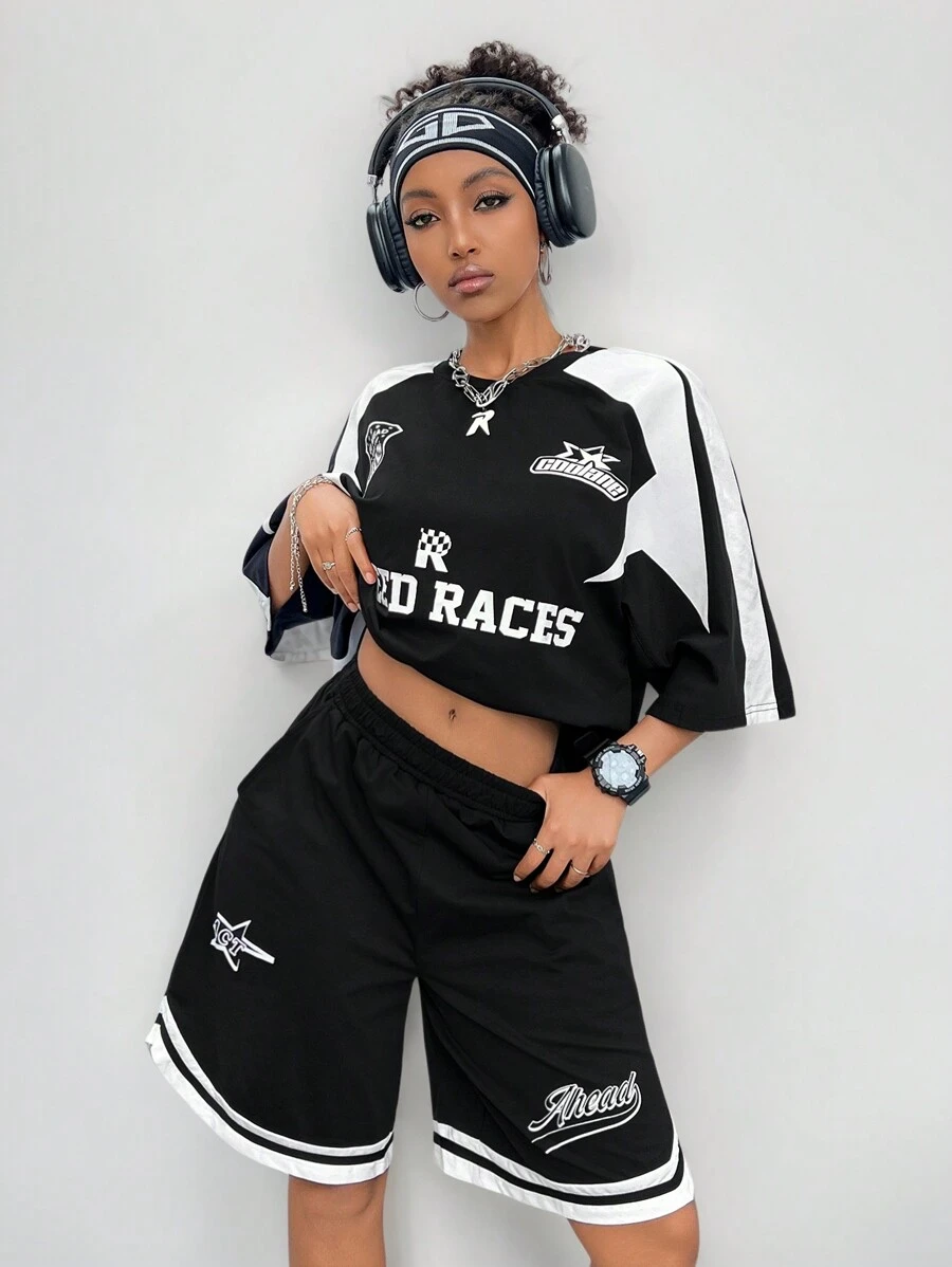 Coolane 女士街头服饰嘻哈摩托印花运动 T 恤和篮球短裤套装，2 件 - 黑色 - 查看 1