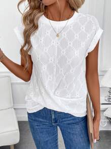 SHEIN Clasi Casual effenkleurig T-shirt met holle borduursels voor dames