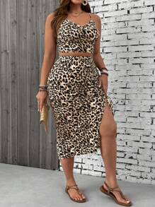 SHEIN VCAY Conjunto de 2 peças de camisola com estampa de leopardo e saia com fenda tamanho grande para férias - Damasco - Ver 3