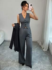 Elenzga Elegant Linen Feel Deep Gray Long Cardigan, V-Neck Vest And Pants 3-Piece Set, Commuter Wear Fall Cloth For Women