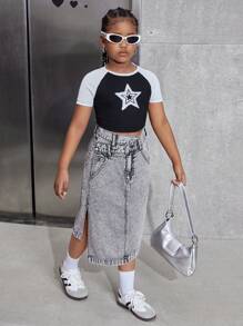 Tween Girls Fashion Stone Washed Denim Mini Skirt - Grey - View 4