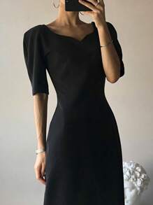 DAZY 女士纯色垂坠领收腰修身中长连衣裙，春夏优雅女装工作服，婚礼礼服 - 黑色 - 查看 6