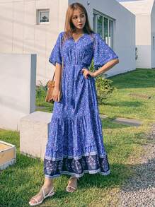 DAZY Ladies All-Over Floral Print V-Neck Oblique Placket Chiffon Dress, Flower Vacation Beach, Spring/Summer Boho - Blue - View 4