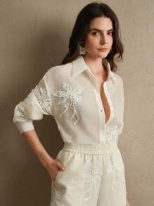 Anewsta 2-teiliges Damen Set: Jacquard Pailletten bestickte Bluse + Hose mit Gummibund, elegante Frühlings-Outfits für Frauen