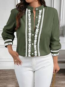 SHEIN LUNE Plus Size Contrast Color Trim Collar & Cuff Casual Office Shirt With Long Sleeves - Army Green - View 5