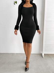 SHEIN Lady Women's Bodycon  Dress With Plush Trim Decoration And Patchwork Design Mini Short Women Outfit  Elegant Dress - Black - View 5