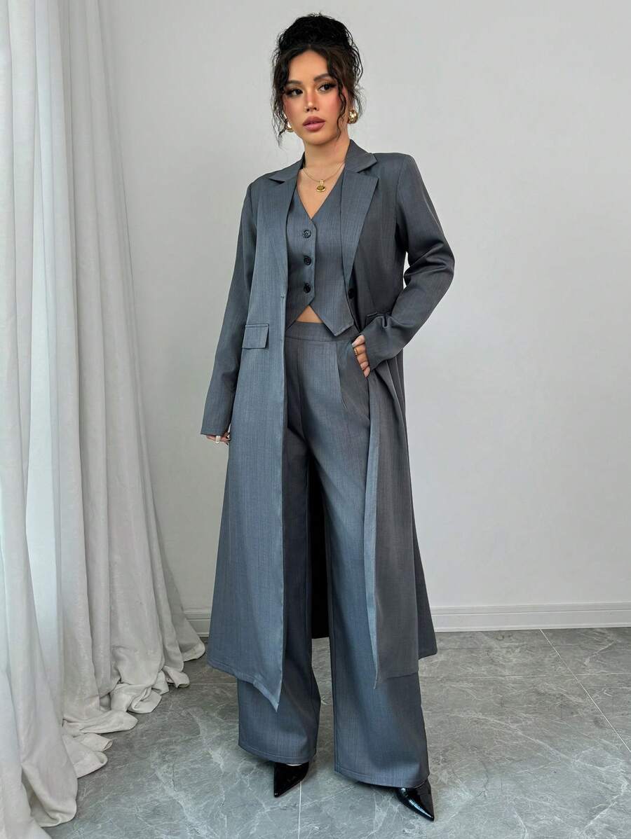 Elenzga Elegant Linen Feel Deep Gray Long Cardigan, V-Neck Vest And Pants 3-Piece Set, Commuter Wear Fall Cloth For Women