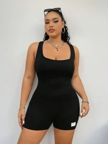 SHEIN EZwear 女裝大碼字母印花連身褲 - 黑色 - 查看 5
