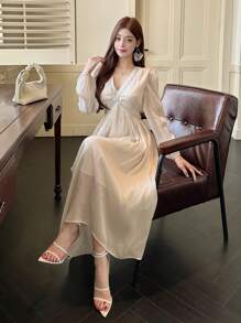 DAZY 春季新款情人节收腰太阳裙缪斯裙，派对风格女士舞会礼服优雅秋季长袖连衣裙 - 白色 - 查看 5