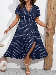 Elenzga Robe d'été casual à manches courtes volantées, col en V chevauchant, à pois, pour femmes grande taille