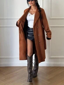 Flirla 1 pieza Abrigo de mujer de doble botonadura con bolsillos, estilo casual, de oficina, diario y para el hogar - Marrón - Ver 6