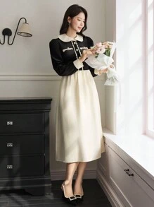 DAZY Elegant Patchwork Contrast Color Ruffle Decor Women Dress, Valentine's Day,Fall Clothes