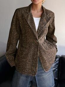 DAZY Damska kurtka jeansowa w stylu vintage z nadrukiem w panterkę, jesienna, damska odzież - Brązowy - Zobacz 1