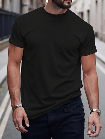 Manfinity Homme Men's Casual Versatile Solid Color Short Sleeve T-Shirt Men Plain T Shirts