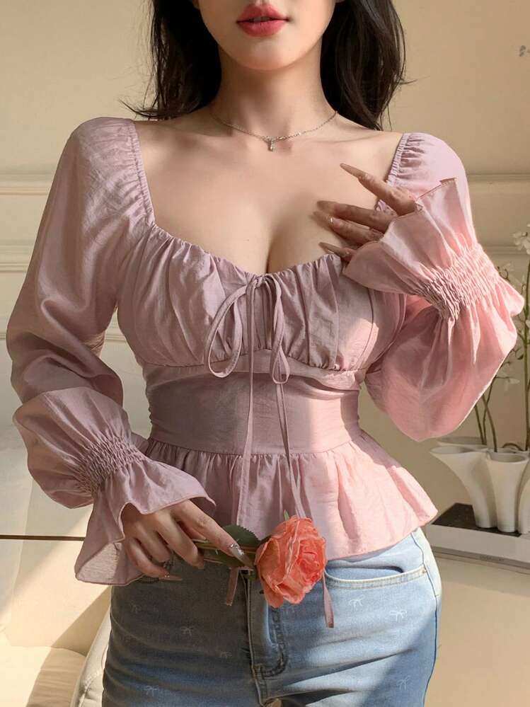 DAZY Women Square Collar Long Sleeve Ruffle Hem Crop Shirt,Back To School Clothes Valentine's Day Babydoll Top - Pink - View 3