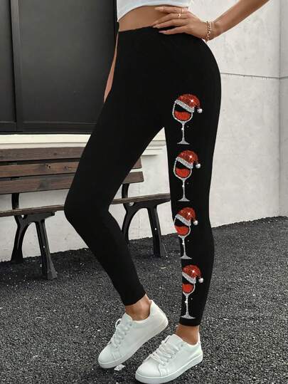 SHEIN LUNE Christmas Women's Valentine's Day Heart Print Leggings, Women's Casual Leggings