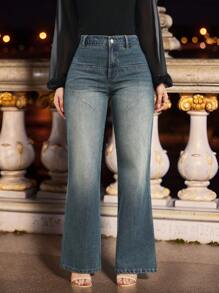 SHEIN LUNE Damen einfache Jeansweite Hose mit Knopfleiste und Taschen, Lässig Alltagstragen - Mittele Waschung - Übersicht 5