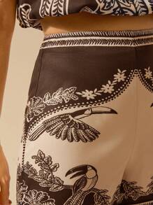 CAJUNI Women's Boho Tropical Bird & Plant Print Casual Vacation Summer Beach Apricot Shorts