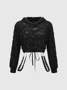ROMWE Grunge Punk Áo sweatshirt nữ cỡ lớn dáng rộng phong cách đường phố, chất liệu xuyên thấu, có chi tiết đục lỗ và dây rút, kiểu dáng thường ngày. - màu đen - Xem 1
