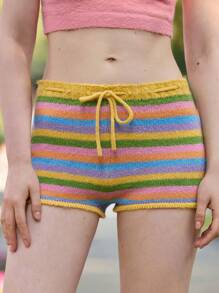Skyraze Women's Waist Tie Knit Rainbow Striped Contrast Color Shorts - Multicolor - View 1