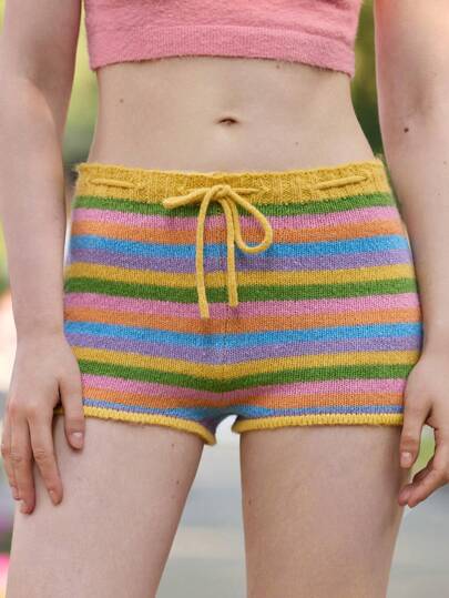 Skyraze Women's Waist Tie Knit Rainbow Striped Contrast Color Shorts