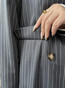 Elenzga Abrigo largo abotonado con cuello solapa y estampado de rayas blancas y grises para mujer - Gris - Ver 4