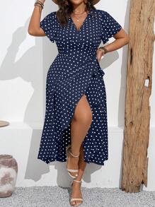 Elenzga Robe d'été casual à manches courtes volantées, col en V chevauchant, à pois, pour femmes grande taille