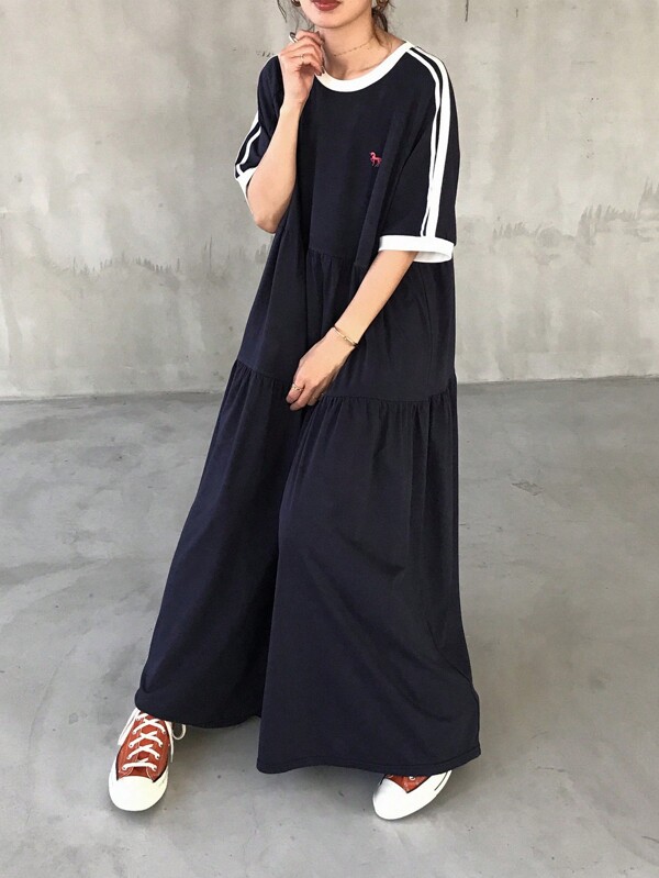 FRIFUL Women's Navy Blue Contrast Color Dress With Embroidery Detail, Sporty Casual, Summer Sundress