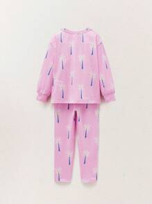 THE HAPPY LOOK Young Girls Casual Style Beige Floral Print Pink Knit Fabric Oversized Crewneck Long Sleeve Boxy T-Shirt & Printed Leggings Sets