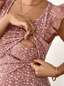 SHEIN 孕妇休闲碎花盖袖哺乳背心 - 粉色 - 查看 3