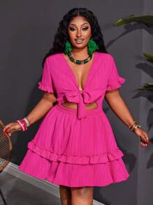 Slaydiva Vestido mini ajustado y sexy de color fucsia sólido con detalle de volantes, lazo en el pecho, bajo en línea A, tela de textura tejida, para uso casual, vacaciones, tallas grandes - Verano - Rosa Fucsia - Ver 8