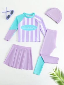 Young Girl Contrast Color Patchwork Swimwear Set - Multicolor - View 6