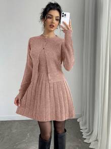 Chiquease 女式纯色长袖单排扣开衫，带褶边圆领无袖毛衣连衣裙 2 件套，秋冬