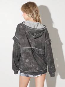 SHEIN EZwear sweat-shirt à capuche femme à manches longues, imprimé tie-dye, à volants, patchwork, avec cordon de serrage - Bleu azur - Voir 2