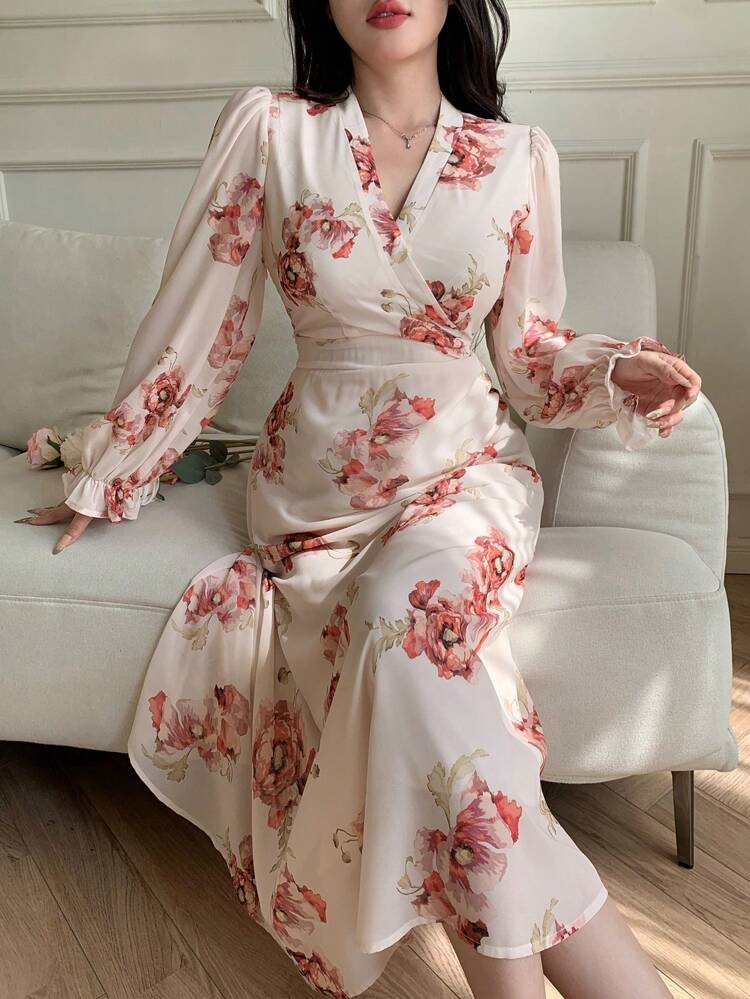 Women's Elegant Floral Dress, Ruffle, Fall Dress Long Sleeve Dress Easter Dress