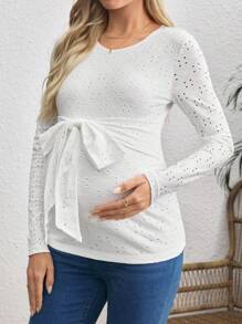 SHEIN Maternity Solid Eyelet Embroidery Tie Front Tee - White - View 4