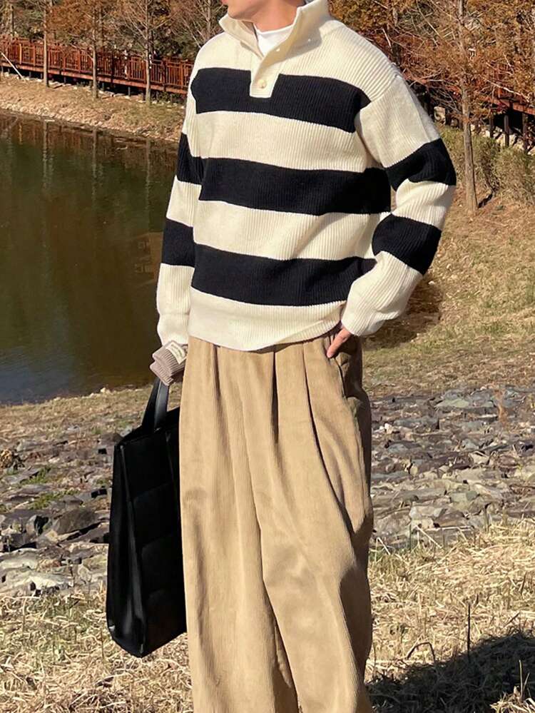 Men's Casual Contrast Color Stripe Knit Sweater, Autumn/Winter