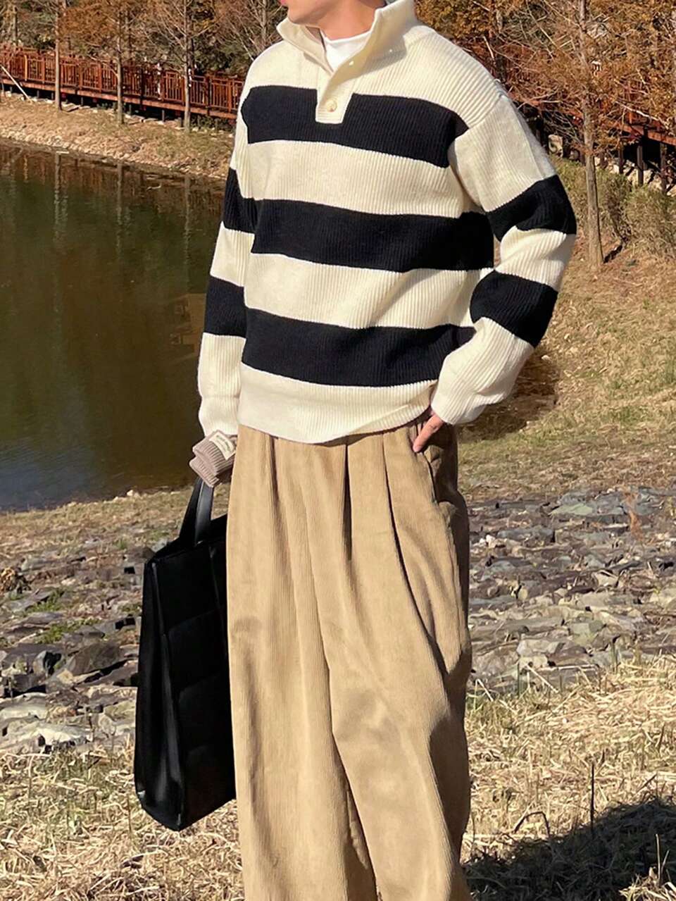 Men's Casual Contrast Color Stripe Knit Sweater, Autumn/Winter