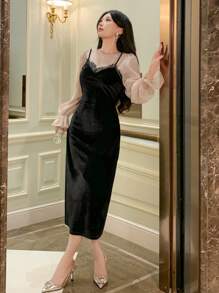 DAZY 女士拼色长裙，全新秋季系列舞会礼服优雅长袖连衣裙 - 黑色 - 查看 2